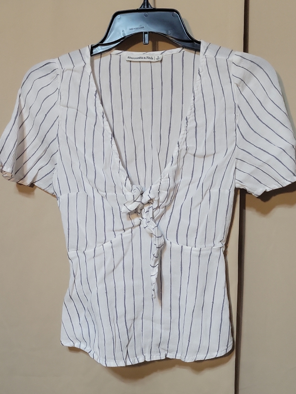 Abercrombie & Fitch White Blouse with Navy Vertical Stripes and Tie Front